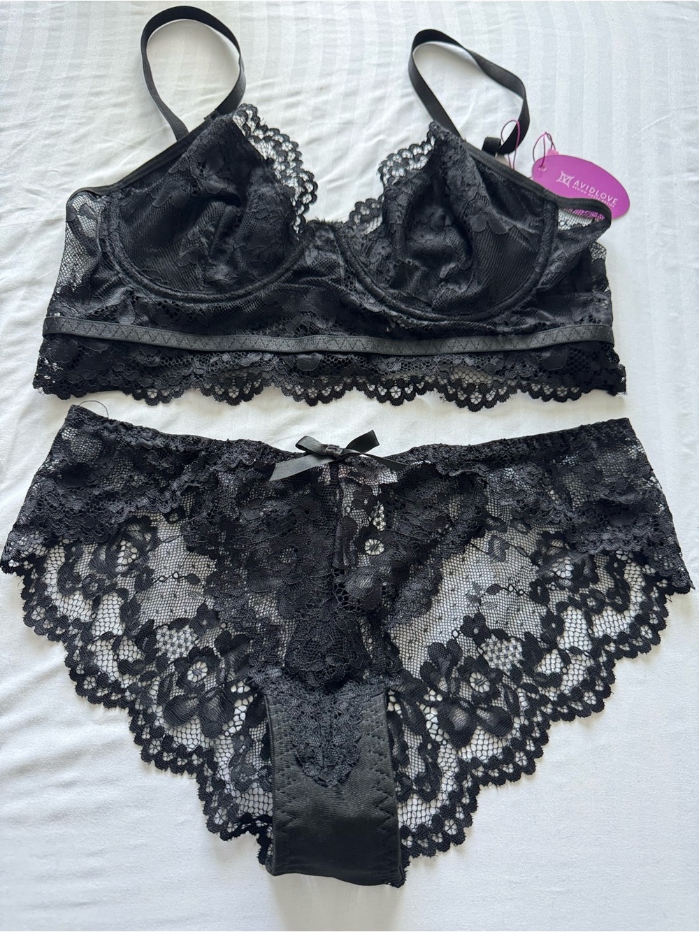 Avidlove Sheer Lace Bralette & Lace Brief Set - Black
